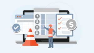 Alt text: Illustration of a construction worker wearing a hard hat and vest, pointing at various digital icons, including a laptop, checklist, contact list, spreadsheet, and traffic cone. These elements represent the top benefits of construction management software in enhancing project management, safety protocols, financial oversight, and organizational efficiency.