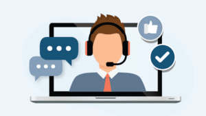 Alt text: Illustration of a faceless customer support representative with brown hair, wearing a headset and a blue shirt with a red tie, displayed on a laptop screen. Surrounding the laptop are icons of a speech bubble, thumbs-up, and check mark, highlighting excellent customer support services.