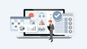 Alt Text: A digital illustration features a project manager dressed in a suit and hard hat standing before an oversized laptop screen displaying crucial elements such as safety icons, charts, and checklists. Surrounding the project manager are floating windows showing graphs, safety gear, and checkmarks, symbolizing effective construction management planning.