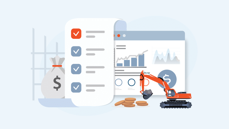 Illustration depicting financial planning for the construction industry. The central elements include a long checklist paper, a money bag with a dollar sign, several coins, and a small excavator. In the background is a browser window displaying various graphs and charts. These visual components represent critical aspects such as Construction Accounting, construction costs analysis, budgeting, and overall financial management in mechanical and specialty contracting projects.