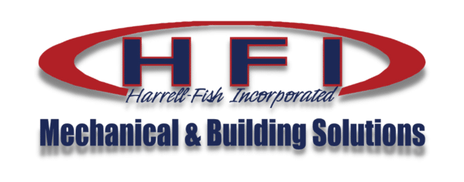 **Alt Text:**

Logo for HFI Mechanical & Building Solutions. The logo features bold, red letters "HFI" inside a red oval. Below "HFI," in blue script, it says "Harrell-Fish Incorporated." At the bottom, in bold blue text, it reads "Mechanical Contractors & Building Solutions.