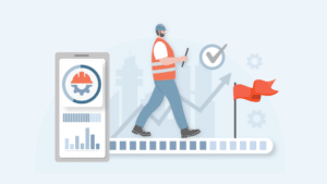 Illustration of a construction worker in a red safety vest and hard hat walking while holding a tablet. In the background, there are various icons including a progress bar, smartphone displaying a gear icon and statistics, red flag, checkmark, and gears. These elements symbolize effective project management and tackling construction labor shortages.