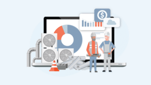 Alt Text: "Illustration of two construction workers standing in front of a laptop screen displaying charts and diagrams. Surrounding them are HVAC units, ducts, pipes, and a traffic cone, emphasizing construction and maintenance. One worker is holding tools, while the other uses a tablet to address the construction labor shortage.