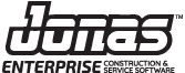 Alt text: Logo of Jonas Enterprise featuring bold, stylized black text spelling "Jonas" in a large font, positioned above smaller uppercase text reading "Enterprise Construction & Service Software," all set against a transparent background.