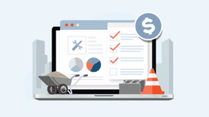 Alt Text: Illustration of a laptop showing charts and checklists on the screen, with a prominent dollar sign above indicating financial insights. In the foreground, construction-themed items like a wheelbarrow filled with sand, a traffic cone, and a brick block emphasize the industry focus. This visual represents how Job Cost Reports assist in financial planning and risk reduction for construction projects.