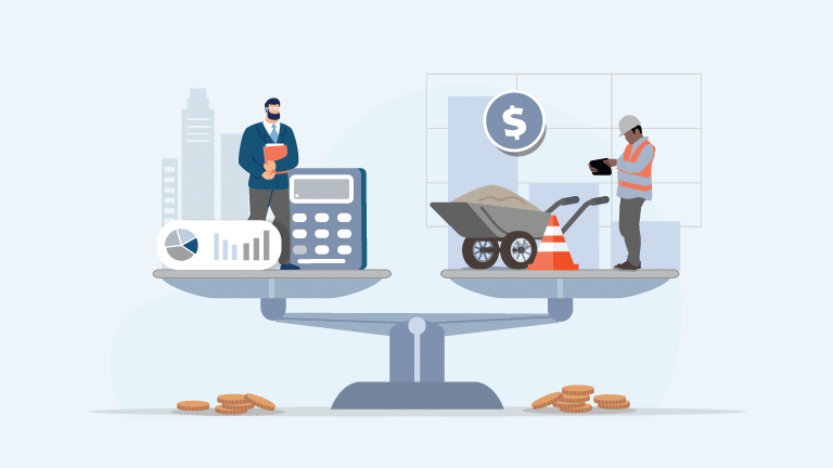 Illustration depicting a balance scale showing two professions on each side. On the left side of the scale, a businessman is standing beside a large calculator and bar chart while holding documents, representing traditional business accounting methods. On the right side of the scale, a construction worker wearing a hard hat is using a tablet next to construction elements like a wheelbarrow and traffic cone, symbolizing accounting practices in the construction industry. Coins are scattered below both figures to emphasize financial aspects.