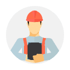 Alt text: Illustration of a person wearing a red construction helmet and red suspenders over a light blue shirt, holding a black clipboard. The plain white circular background emphasizes the engineering or construction theme, suggesting professionalism and focus on project work.