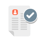 Alt text: "Icon of a document with lines, featuring a small orange circle with a person silhouette at the top left. A large blue check mark is superimposed on the right side, symbolizing approval or verification. The background is white.