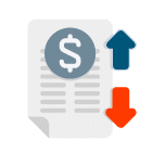 Alt text: "Icon of a financial document with a dollar sign and text lines, accompanied by a blue upward arrow and an orange downward arrow on the right, symbolizing financial increase and decrease, set against a white background.