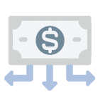 Alt Text: "Illustrated icon of a dollar bill with a central dollar sign in a circle, featuring three downward-pointing arrows below, symbolizing financial distribution or allocation. The colors are muted in shades of gray and blue.