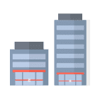 Alt text: Illustration of two stylized office buildings with a modern design in gray and blue tones. The shorter building on the left has three floors and features a distinctive red roof at the entrance. The taller building on the right has five floors, each separated by light gray lines, showcasing a sleek architectural style.