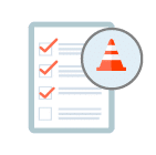 Alt text: "A light gray clipboard displays a checklist with three checked boxes and one unchecked box, symbolizing completed and pending tasks. A traffic cone icon in a magnifying glass hovers above, highlighting caution or alertness. The orange and white cone reinforces the need for attentiveness in task management.