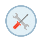 Alt text: "Icon featuring a crossed wrench and screwdriver inside a gray circular border. The wrench is positioned diagonally from bottom left to top right, and the screwdriver from bottom right to top left, with a red handle. Both tool tips are gray against a light gray background.