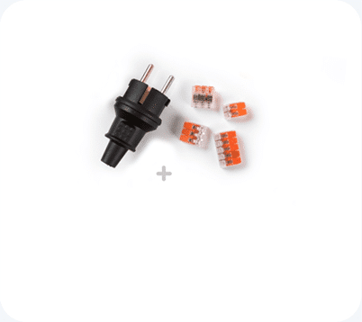 Alt text: "A black electrical plug with two metal prongs is positioned to the left, and to the right are five transparent plastic wire connectors with orange levers. The background is plain white, featuring a small gray plus sign between the plug and connectors.