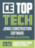 Alt text: Rectangular badge with the text "CE Top Tech" prominently displayed in large letters. Below it, "Jonas Construction Software" and "Accounting and Job Costing" are written in smaller text. The year "2023" is alongside "Construction Executive" at the bottom. The badge features a green and gray background.