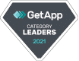 Alt text: "Diamond-shaped graphic with a dark background featuring the text 'GetApp Category Leaders 2021' and a stylized blue diamond icon above. This badge signifies an award or recognition presented by GetApp for leading construction industry software solutions in 2021.