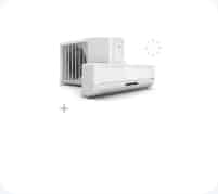 Alt text: "A modern white split air conditioning unit featuring a wall-mounted indoor unit with a digital control panel and an outdoor unit with a large fan and grill. The sleek design is showcased against a plain white background, highlighting its contemporary appearance.