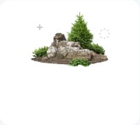 Alt text: "A small garden scene with prominent large rocks surrounded by various green plants, including a conifer tree. The background is white, accentuating the greenery and rocks. Subtle symbols resembling a plus sign and a loading circle are visible in the top left and right corners.