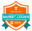 Alt text: A shield-shaped badge with an orange border and a blue background. The text at the top reads "Winter 2023" accompanied by a trophy icon. Below, in large letters, it says "Market Leader," followed by smaller text that states "Customer Experience" and "Marketing Management Software." At the bottom of the badge is the logo for FeaturedCustomers.