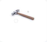 Alt text: "A claw hammer with a wooden handle and metal head is positioned on a white background. The metal head features a smooth striking surface and a claw for nail removal. Nearby, subtle icons suggest drag and drop functionality, hinting at an interactive feature in construction software solutions.