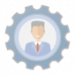 Alt text: Icon depicting a person with short gray hair and a neutral expression, dressed in a gray suit and tie. The individual is centered within a blue-gray gear, symbolizing settings or management in a business context. The background is light, contributing to the icon's simple and minimalist design.