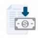 Alt text: "Icon showing a document with text lines and an arrow pointing downwards toward a dollar bill symbol, set against a plain background, representing financial transactions or savings.